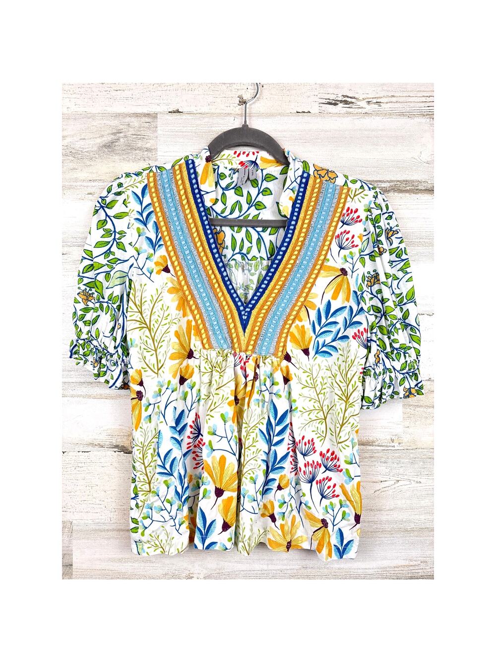 Blank London Womens XS Yellow Blue Floral Blouse Boho Romantic Festival